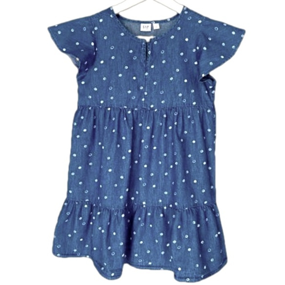 GAP KIDS Dress Chambray Tiered Short Cap Sleeve Blue White Dots Girls Size S